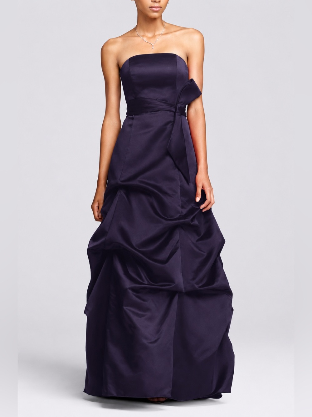 David's Bridal Strapless Satin Ballgown with Pick-up and Sash